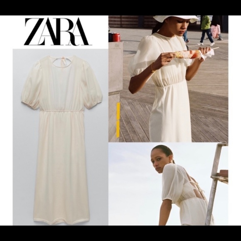 ZARA Cream Open Back Puff Sleeves Midi Combination Knit Dress S